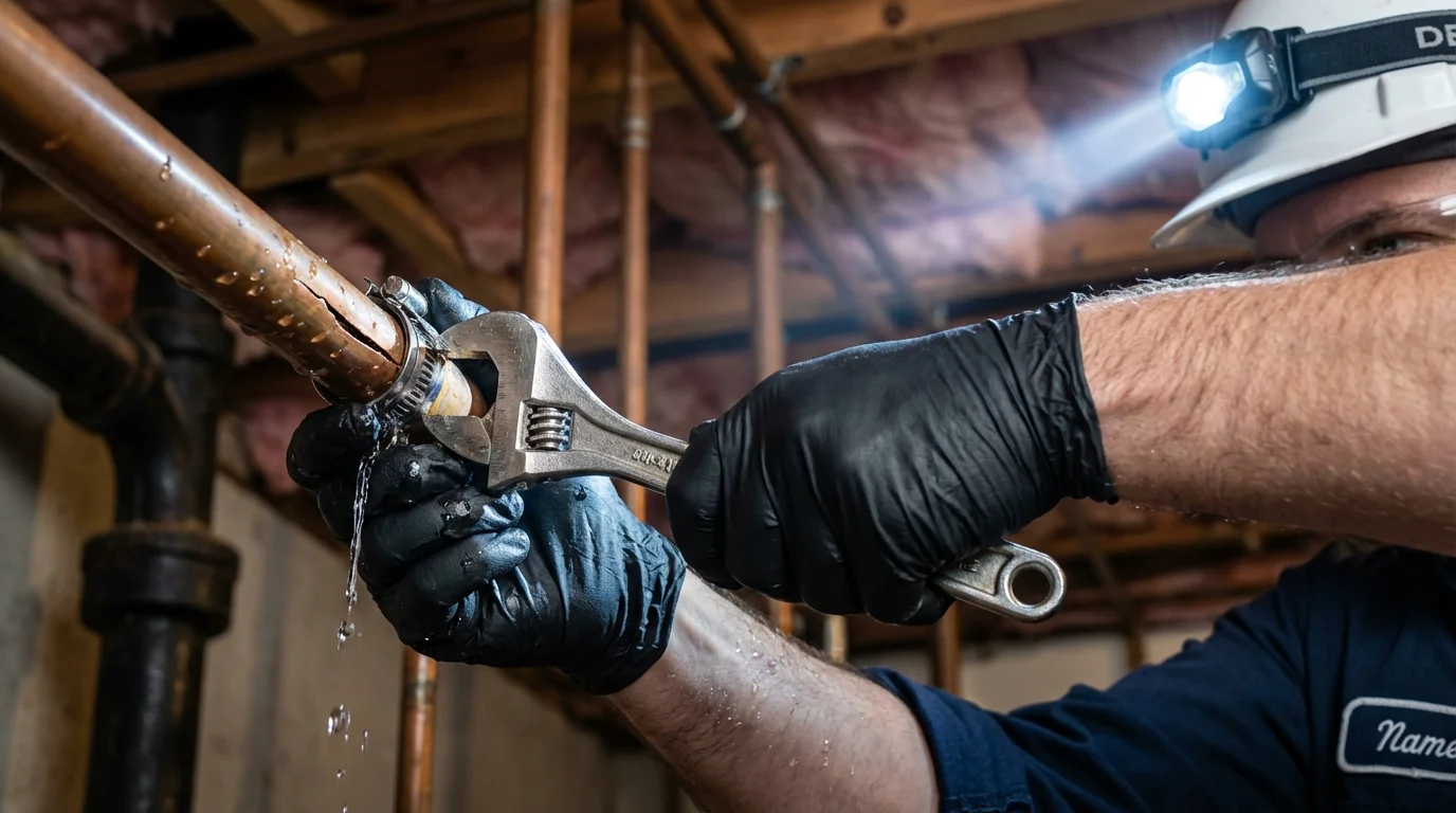Emergency pipe clamp repair being performed by a Johns Plumbing LLC plumber in Vancouver