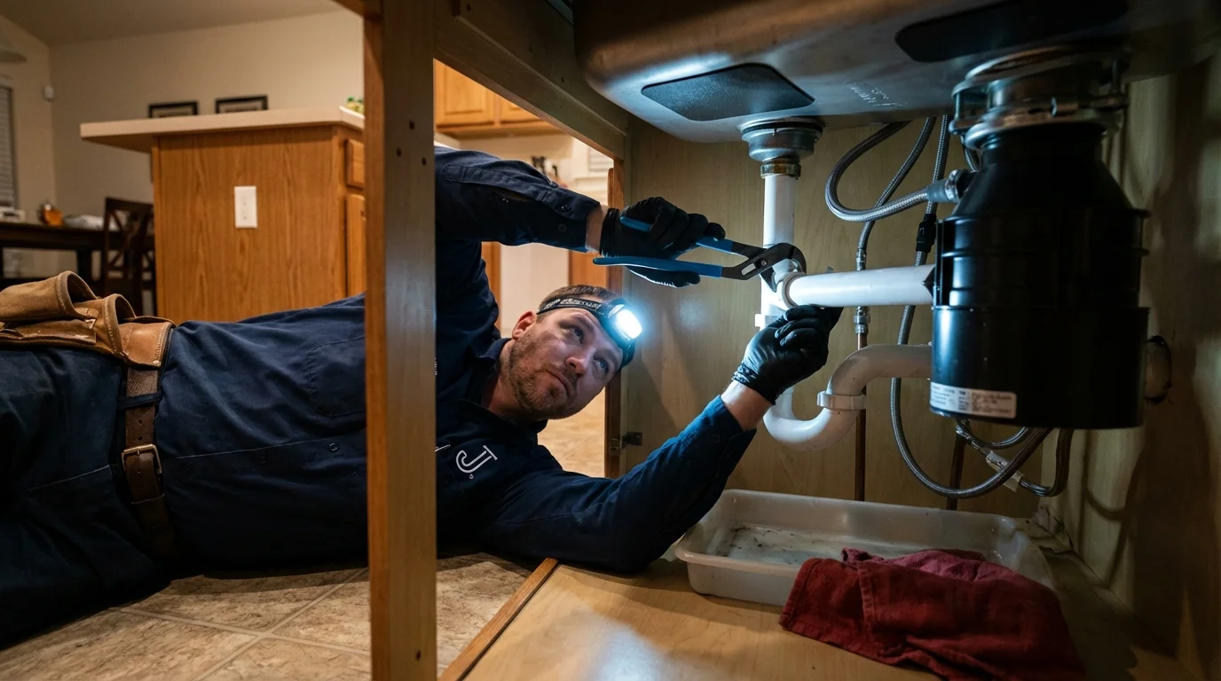 P-trap and supply line connections under a kitchen sink showing a common leak point in Vancouver, WA